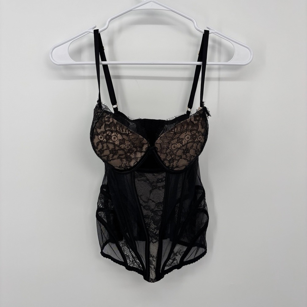 Victoria Secret Lingerie Bustier Corset 36C Black Lace Sheer Boned Underwire